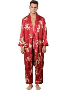 Men's Satin Robe With Pants Lightweight Printed Luxurious Spa Dragon Silk Bathrobe Kimono Sethalloween - 紅色 - 查看 1