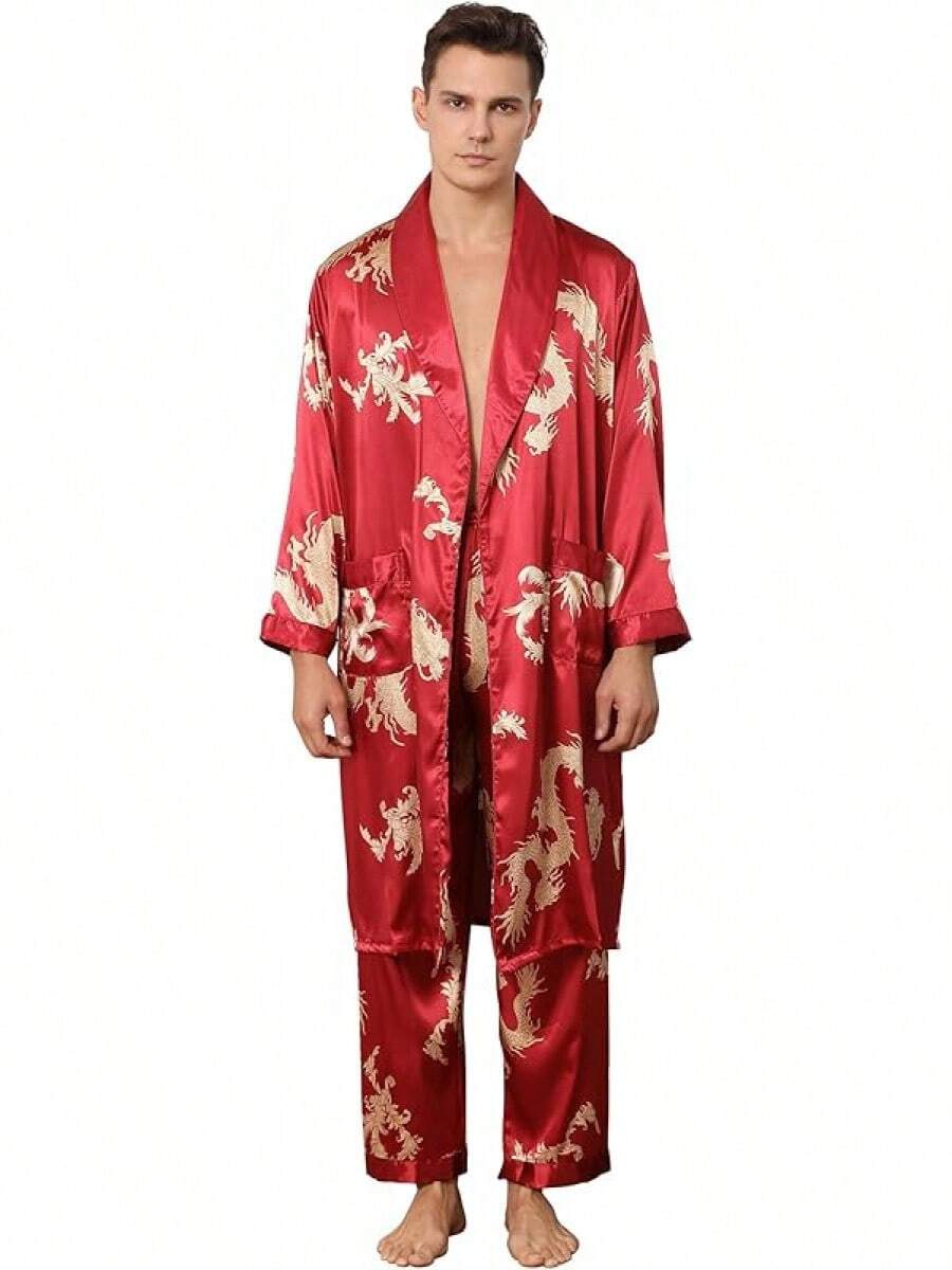 Men's Satin Robe With Pants Lightweight Printed Luxurious Spa Dragon Silk Bathrobe Kimono Sethalloween - 紅色 - 查看 1