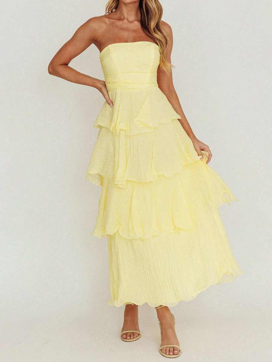 Women Ruffled Tube Top Maxi Dress For Summer Solid Color Backless Strapless Sleeveless Tiered Long Cake Dress - 黃色 - 查看 1