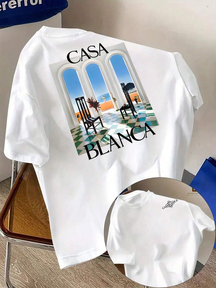 Men's Dual-Sided Print Casa Blanca Graphic & Geometric Pattern Short Sleeve T-Shirt - Breathable Regular Fit Casual Summer Tee For Vacation & Casual Attire, Machine Washable, Summer T Shirts, Warm Weather Apparel, Stylish Design, Soft Texture, Print Top, Adult Men, Leisure Outfit, Lightweight Shirt, Fashionconscious Men - 白色 - 查看 1