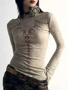 Gothic Style Dark Aesthetic Long Sleeve T-Shirt For Women, New Slim Fit Printed Top, Autumn - Grey - View 2