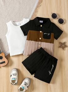 3pcs Baby Boys' Summer New Wave Bar Contrast Collar Short Sleeve Open Button Shirt&Round Neck Sleeveless Tank Top&Shorts Boys' Clothing Set - 彩色 - 查看 3