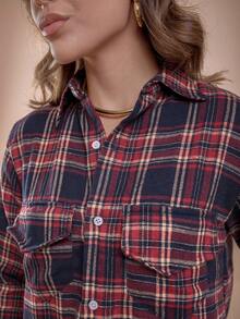 Women's Plaid Flannel Shirt With Pocket - 紅木色 - 查看 3