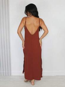 Elegant Loose Strap Long Casual Dress With V-Neckline At The Back - Màu Cam cháy - Xem 4