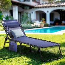Outdoor Chaise Lounge Chairs Set Of 2, Portable Folding Pool Lounge Chair With 5-Position Reclining Back, Teslin Tanning Chair For Pool, Beach, Patio, Sunbathing - Blue - View 2