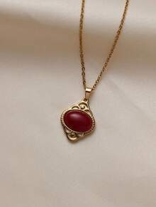 1 件复古欧洲宫廷风格奢华 18K 镀金不锈钢椭圆形吊坠项链，镶嵌深红色宝石，防过敏，适合日常佩戴、派对、礼物