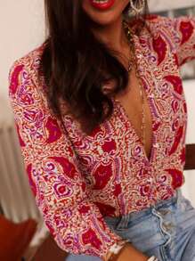 Corset Style Paisley Print Long Sleeve Casual Shirt For Women