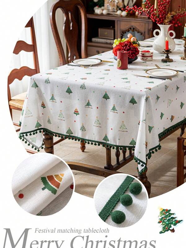 1 pieza Mantel blanco con diseño pintado a mano de árbol pequeño, fresco y lindo, con decoración de pompones con borlas, adecuado para el hogar, fiestas, hoteles, restaurantes, decoración de mesa de comedor, regalo para fiestas y días festivos, todo el año, varias opciones de tamaño