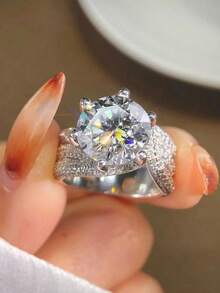 1pc 925 Sterling Silver Cubic Zirconia Shiny Elegant Wedding Ring, Minimalist Big Diamond Ring, Versatile Wedding/Engagement Ring, Jewelry Gift For Women, High-End Jewelry For Daily, Party, Banquet - White - View 1