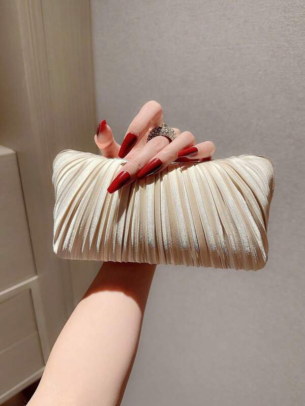 Women's Elegant Pleated Box Design Party Handbag, Luxury Rhinestone Clutch, Charming Formal Evening Bag Suitable For Date, Dance, Birthday, Party And Other Formal Occasions,Pleated Satin Design Box Shape Evening Clutch, Formal Banquet Handbag For Party, Formal Dress, Ball, Wedding