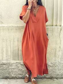 Plus Size Women Deep V-Neck Batwing Short Sleeve Loose Casual Solid Color Dress - Orange - View 3