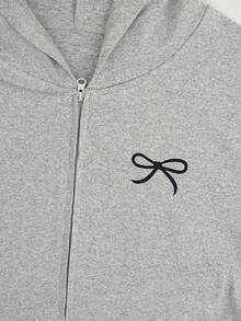 女士时尚优雅蝴蝶结连帽休闲夹克，秋季 - 灰色 - 查看 3