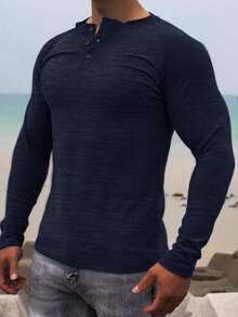 男士休闲百搭亨利领长袖 T 恤，纯色百搭舒适柔软，适合所有季节，秋季