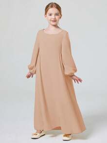 Elegant Girl's Solid Crew Neck Long Sleeve Abaya Kaftan Dress For Pray Party