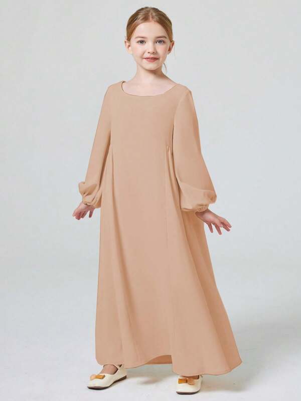 Vestido elegante tipo abaya de cuello redondo de manga larga en color sólido para niñas, para orar o fiestas