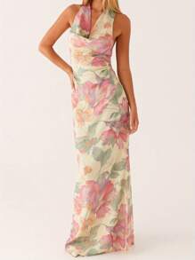Halter Long Dress For Women Summer Fashionable Flower Print Backless V Neck Slim Fit Sleeveless Dress