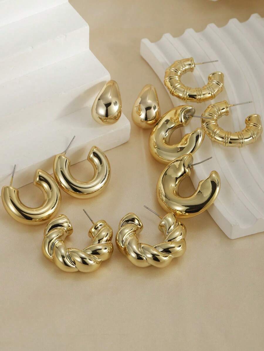 5pairs C-Shape Water Drop Twisted Geometric Earring Sets