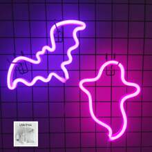 2pcs/Set Bat & Ghost Shaped Neon Sign LED Lights, USB Or Battery Operated, Creative Night Light Ideal For Halloween, Bedroom, Party, Bar, Living Room, Wall Decor