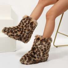 Snow Boots For Women Short Mid Calf Faux Fluffy - 豹紋 - 查看 8