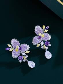 1 Par de Brincos Longos Pendentes com Flor e Folha Roxa de Zircônia Cúbica, Joia de Prata com Zircônia Cúbica para Mulheres, Adequado para Noivas, Noivado, Casamento, Banquete, Festa, Formatura, Madrinhas, Presente de Natal