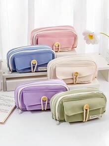 1 件纽扣闭合可爱帆布铅笔盒，大容量文具收纳袋，学生礼物，DIY 化妆包，便捷旅行手提包 - 返校 - 彩色 - 查看 10