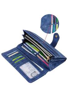 复古哑光女士长款钱包海军蓝大容量三折手提包多卡位和手机隔层高品质皮革手拿包女士钱包钱包 - 寶藍色 - 查看 3