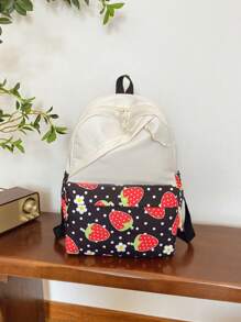 1 Pc New Style Girls' Strawberry Print Fabric Backpack With Adjustable Straps, Zipper Closure, Multifunctional Foldable Design, Perfect For Travel, School, Outdoor Activities, And Holiday Gifts