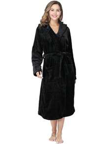 Womens Robes  Fleece Hooded Bathrobe Thick Nightgown With Pockets Fluffy Sleepwear - 黑色 - 查看 6