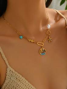 1pc Ocean Vacation Style Necklace With Blue Heart, Seahorse, Starfish Pendant Elements, Unique Fresh Design - Yellow Gold - View 1