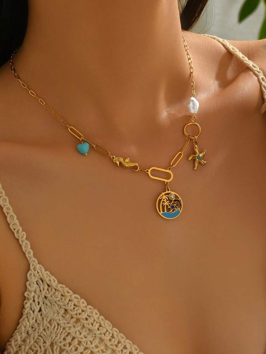 1pc Ocean Vacation Style Necklace With Blue Heart, Seahorse, Starfish Pendant Elements, Unique Fresh Design - Yellow Gold - View 1