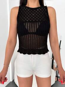 Plain Casual Sheer Women Sleeveless Round Neck Knit Sweater - Black - View 1