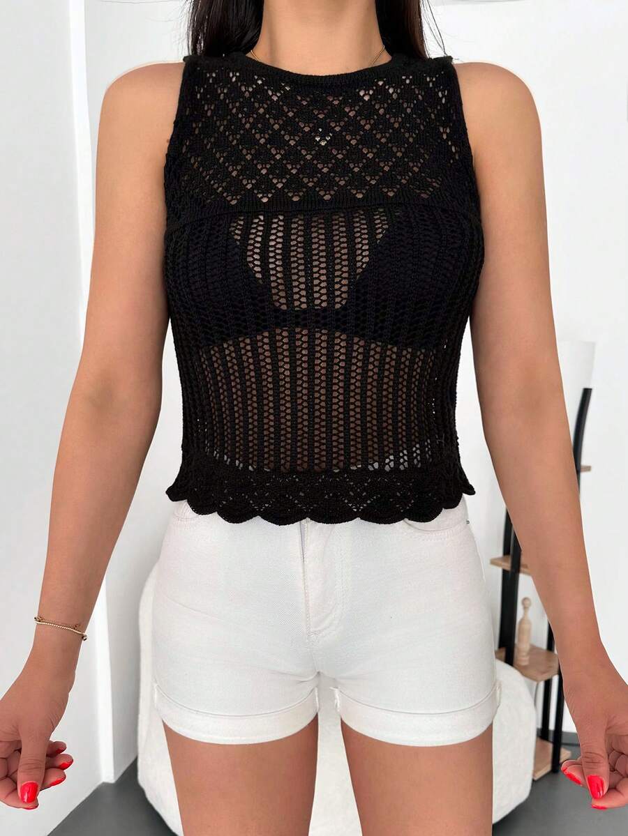Plain Casual Sheer Women Sleeveless Round Neck Knit Sweater - Black - View 1