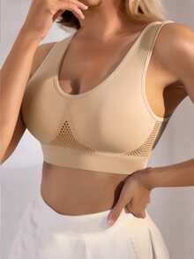 女士加厚运动文胸，无钢圈舒适透气无缝提拉文胸背心 - 杏色 - 查看 3