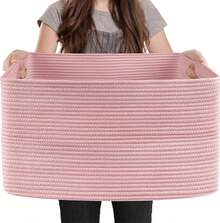 Extra Large Pink Storage Basket, 23.6" X 17" X 12" Rectangle Blanket Basket Living Room, Woven Cotton Rope Basket, Toy Basket Bins, Pink Baskets For Decor, Wicker Baby Laundry Basket - 淺粉色 - 查看 1
