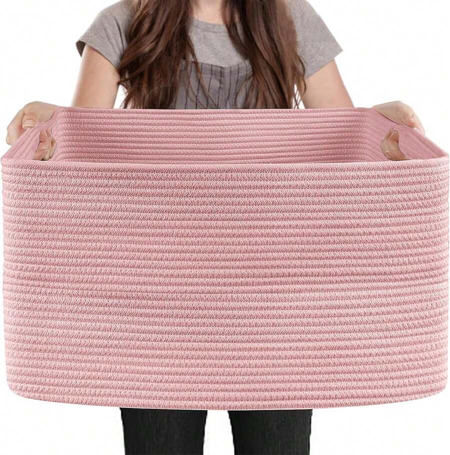 Extra Large Pink Storage Basket, 23.6" X 17" X 12" Rectangle Blanket Basket Living Room, Woven Cotton Rope Basket, Toy Basket Bins, Pink Baskets For Decor, Wicker Baby Laundry Basket - 淺粉色 - 查看 1