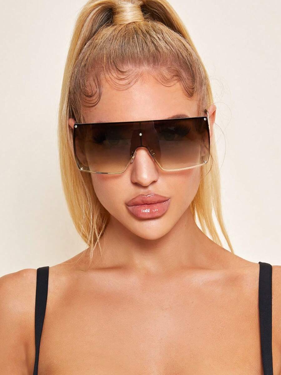 1 件女士时尚金属方形无框复古铆钉时尚眼镜，优雅奢华欧美风，适合户外、街拍和 T 台，百搭学院风，适合返校季盾形盾形太阳镜 - 彩色 - 查看 1