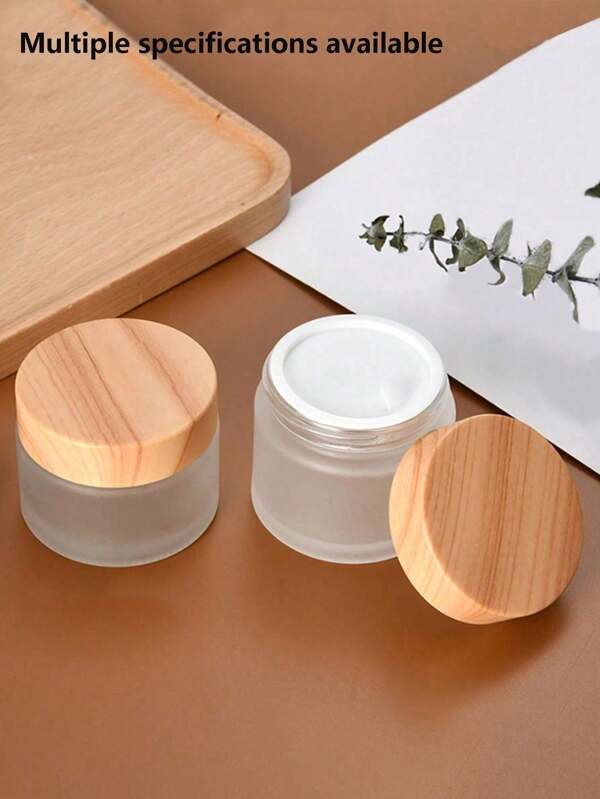 Frasco de crema para el cuidado de ojos de vidrio esmerilado de 5/20/30/50g, botella de crema de vidrio con tapa de textura de madera, tarro cosmético, botella reutilizable, para decoración del salón, familia, dormitorio, baño, casa, crema facial, crema para ojos, loción, envase cosmético, recipiente de viaje, almacenamiento portátil