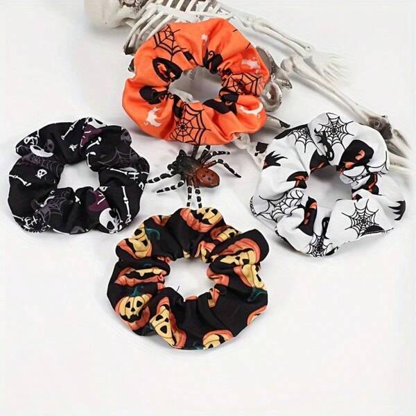 4pcs Women's Halloween Spider Web Pumpkin Skeleton Print Hair Scrunchies, Polyester, Casual For Daily Wear Or Halloween Party, Hair Ties, Scrunchy Hair Ties