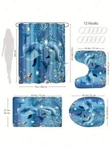 1/4 Stücke Set mit niedlichem Cartoon Delfin Strass-Sprühfarbe Meereskreatur moderne Kunst Dekoration, enthält 12 Haken wasserdichter Duschvorhang, rutschfeste Badematte, U-förmiger Toilettendeckel, Heim Dekoration Geschenk Schulanfang