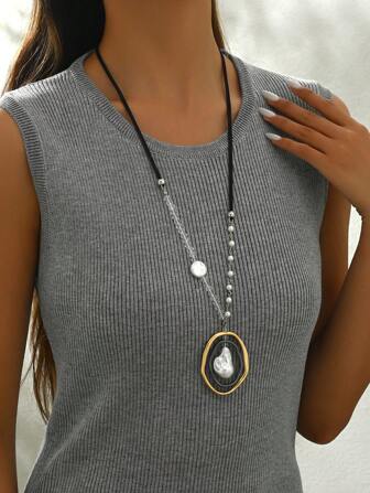 1pc Personalized Dual-Tone Beaded & Faux Pearl Women Necklace, Suitable For Gift & Daily Wear