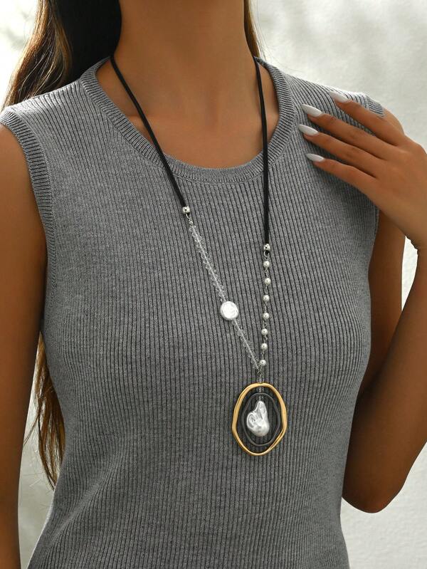 1pc Personalized Dual-Tone Beaded & Faux Pearl Women Necklace, Suitable For Gift & Daily Wear