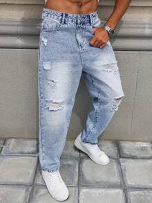 Men's Distressed Straight Leg Jeans - Light Wash - View 4