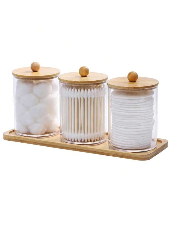 Bathroom Vanity Countertop Storage Jars With Trays 4 Packs, 1-Pack Bamboo Vanity Tray, 3 Packs Acrylic Plastic Medicine Bottles, Storage For Dental Floss/Ball Pads/Round Pads For Makeup Supplies