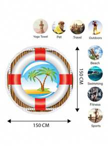 Round Beach Towel 150x150 Cm – Boho Style, 70% Cotton 30% Polyester, Quick-Dry, Multi-Purpose | Made In Turkey - Blue - View 3