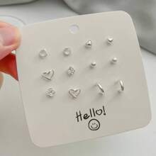 6pairs/Set Silver Plated Simple Heart And C Shape Stud Earrings For Women Gifts For Mom Or Girlfriend