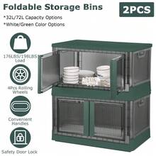 2 piezas Cajas de almacenamiento plegables de 72L con tapa, ruedas y puerta, de plástico transparente - Verde - Ver 1