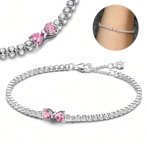 2025 Valentijn Nieuwe 925 Zilveren Roze Strik Vol Diamanten Armband Origineel 16-20CM Fit DIY Charm Vrouwen Verjaardag Sieraden Cadeaus