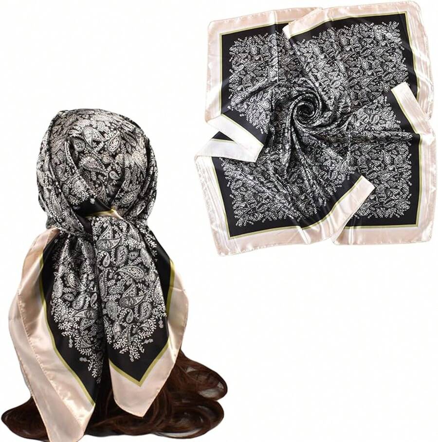 35 Inches Silk Head Scarf-Satin Hair Scarves Silk Bandana Scarf Headscarf For Women's Fashion Scarveshalloween - 小腰果-黑色 - 查看 1
