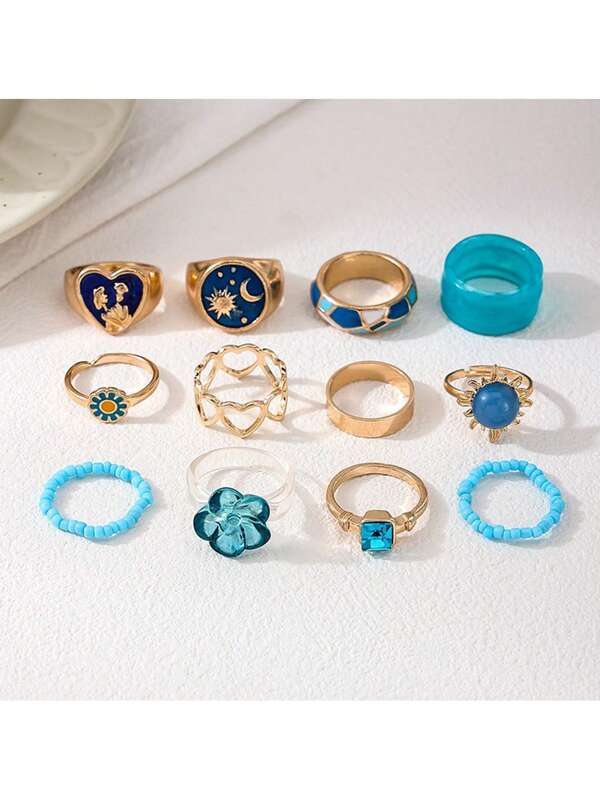 12pcs/Set Fashionable Colorful Metal Dopamine, Heart, Butterfly, Sun & Flower Design Rings Set