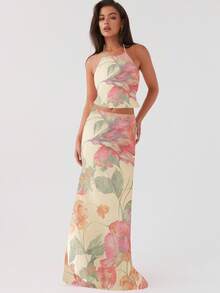 Women Summer Outfits Floral Print Halter Neck Tops And Long Skirt Set